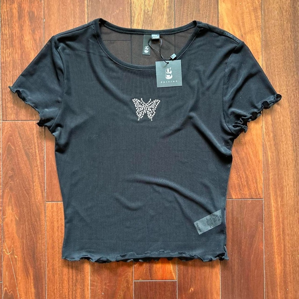 Black Mesh Crop Top w/ Rhinestone Butterfly